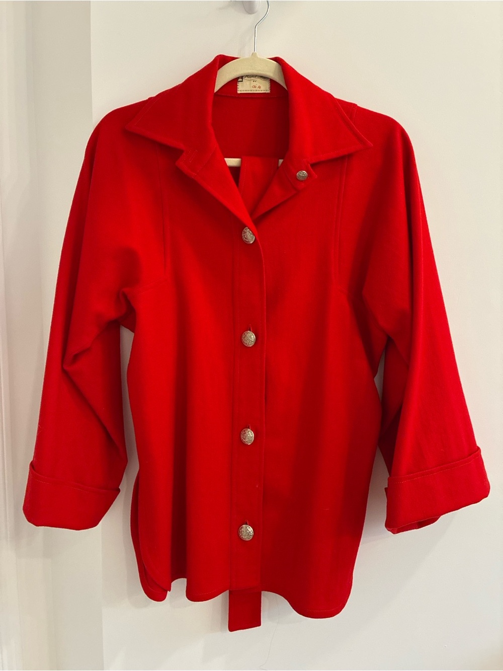 Handmade Red Wool Coat with Fire Department Buttons and Bell sleeves